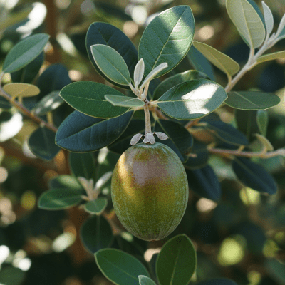 A photograph of a fresh Feijoa from the fruits taxonomy as it appears in its natural growing environment, such as on a tree, bush, or vine