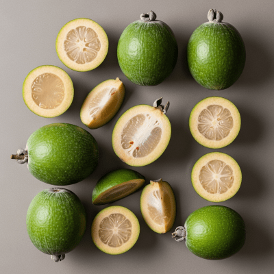 An overhead view photograph of several pieces of the Feijoa, from the fruits taxonomy, arranged aesthetically on a plain background