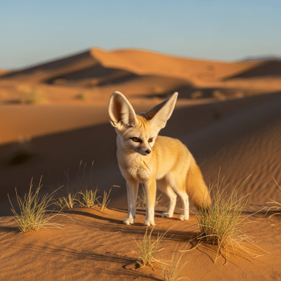 Photograph of a Fennec Fox, part of the taxonomy canines, in its typical natural environment