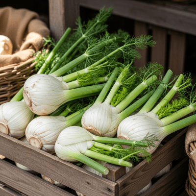 Image showing freshly harvested Fennel, displayed in a farmer's market basket or crate