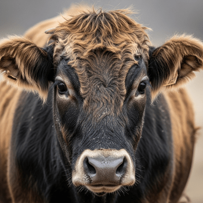 Close-up photograph of the head and face of a Feral cattle (free-living domestic-derived populations), focusing on distinctive features such as eyes, ears, and fur texture