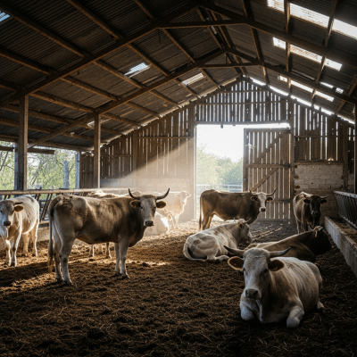 Documentary-style image of a Feral cattle (free-living domestic-derived populations) in a barn or shelter environment, showing typical housing conditions for cows