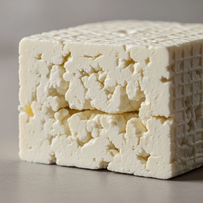 Close-up cross-sectional view of a Feta, showing its internal texture and structure