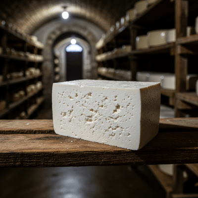 A whole wheel or block of Feta, shown in an artisanal cellar or aging environment typical for this cheese