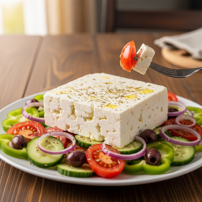 A piece of Feta being used in a classic culinary preparation or dish where it is commonly featured