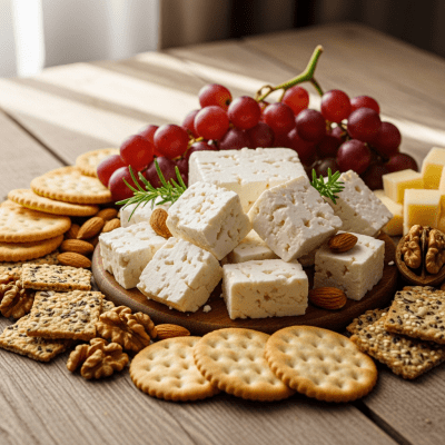 A serving of Feta arranged as part of a traditional cheese platter with fruits, nuts, and crackers