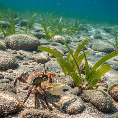 Photo-realistic underwater image of a live Fiddler Crab, in the context of the taxonomy crabs