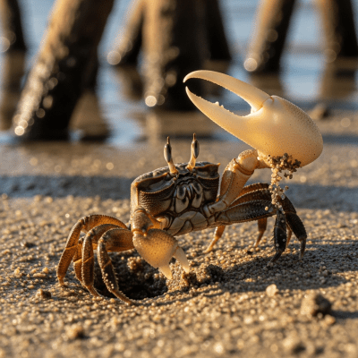 Naturalistic image of a Fiddler Crab, belonging to the taxonomy crabs, in its typical habitat such as a shoreline, rocky tide pool, or mangrove