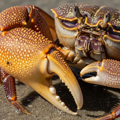 Close-up macro photograph of the shell texture and claws of a single Fiddler Crab