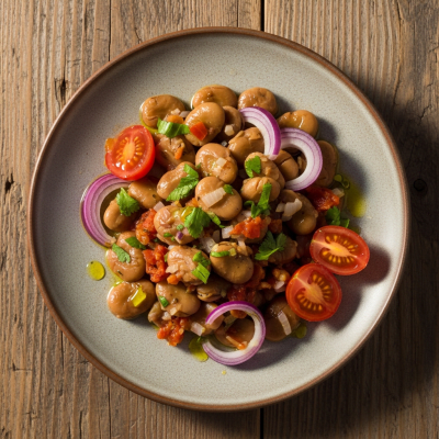 Image of cooked Field Bean (beans) presented as part of a traditional dish or cuisine, plated attractively and photographed from above