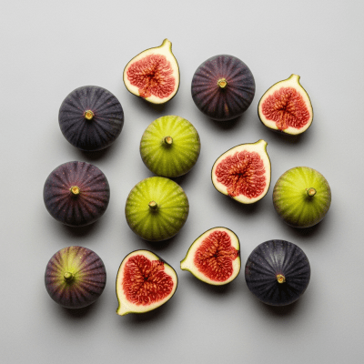 An overhead view photograph of several pieces of the Fig, from the fruits taxonomy, arranged aesthetically on a plain background