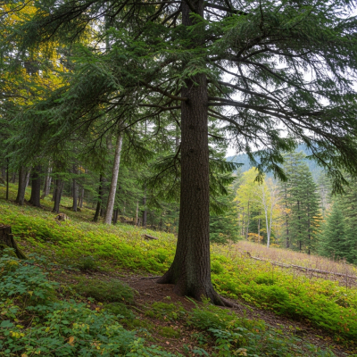 A realistic depiction of a mature Fir (trees) in its typical natural environment
