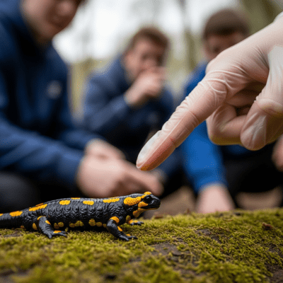 Photograph showing a Fire Salamander in interaction with humans or within a cultural context, such as being observed by scientists or featured in educational settings