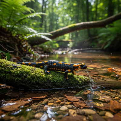 A detailed image of a Fire Salamander (amphibians) in its natural habitat