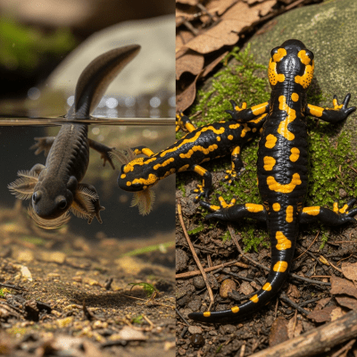 Image of a Fire Salamander (amphibians) at the moment of transformation, such as metamorphosis from tadpole to adult