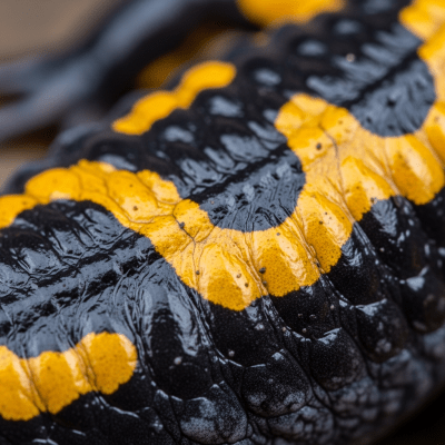 Macro close-up image of the skin texture or distinctive features of a single Fire Salamander, belonging to the taxonomy amphibians