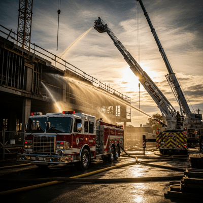 Photorealistic image of a Fire Truck (trucks) in its typical working environment