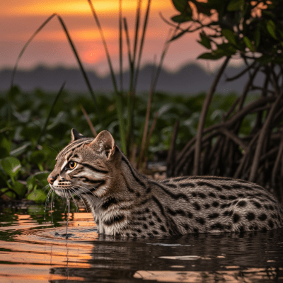 Photorealistic image of a Fishing Cat (felines) in its natural habitat
