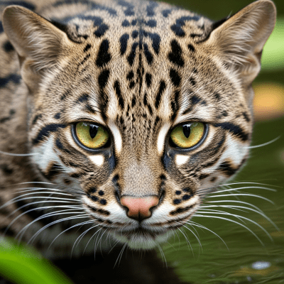 Close-up macro photograph focusing on the facial features and fur texture of a Fishing Cat
