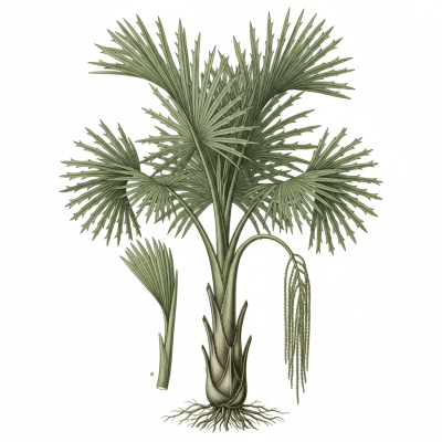 Botanical illustration of a whole Fishtail Palm