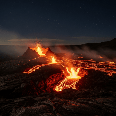 Nighttime image of the Fissure vent, highlighting glowing lava and illuminated volcanic features