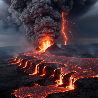 Image depicting the Fissure vent during an eruption event, capturing lava flow, ash plume, and dynamic movement