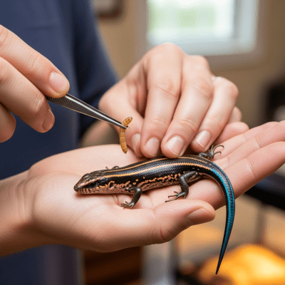 Image of a Five-lined Skink interacting with humans in a responsible pet-keeping context
