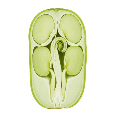 A cross-sectional view of a single Flageolet Bean (beans), sliced cleanly to reveal its internal structure and composition