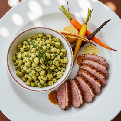 Image of cooked Flageolet Bean (beans) presented as part of a traditional dish or cuisine, plated attractively and photographed from above
