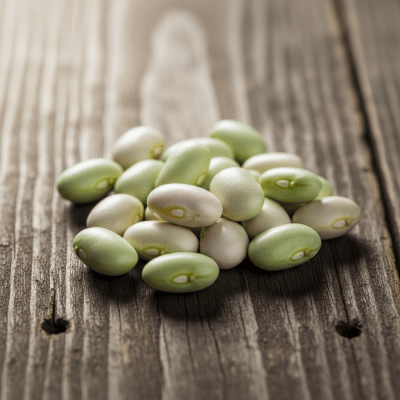 A handful of uncooked Flageolet Bean beans (beans) scattered on a rustic wooden surface, photographed in natural light to emphasize their variety and color