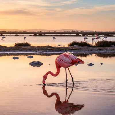 Photorealistic image of a Flamingo (birds) in its typical natural environment