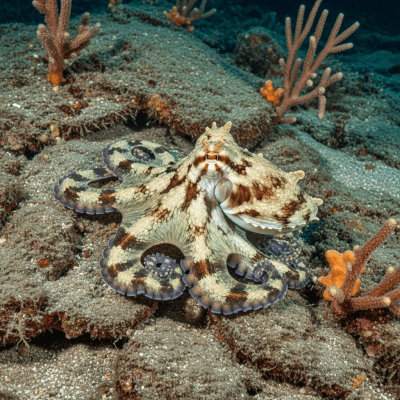 Illustration of a Flapjack Octopus displaying camouflage behavior within its environment, blending into rocks, sand, or coral