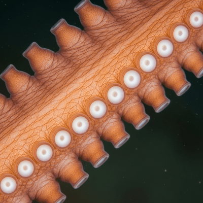 Naturalistic close-up photograph of a single arm of a Flapjack Octopus, focusing on the suckers, skin texture, and coloration details