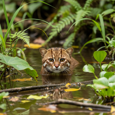 Photorealistic image of a Flat-headed Cat (felines) in its natural habitat