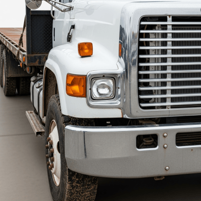 Close-up photograph focusing on distinctive details of a Flatbed Truck from the trucks taxonomy
