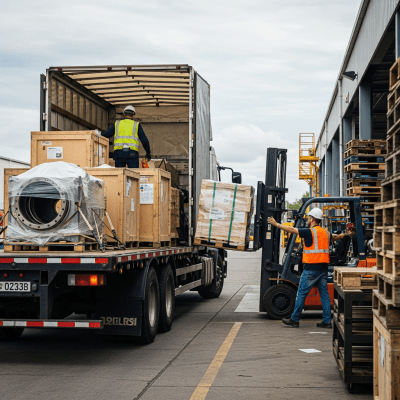 Image of a Flatbed Truck (trucks) being used by people in a real-world scenario