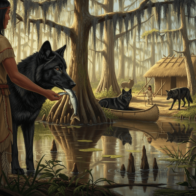 Image of a Florida Black Wolf interacting with humans in a cultural or practical context