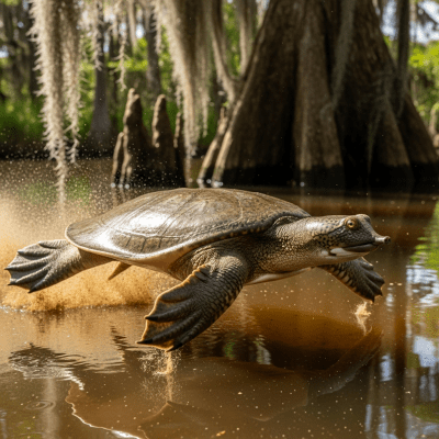 A dynamic action shot of a Florida Softshell Turtle, part of the taxonomy reptiles, in motion such as climbing, swimming, basking, or hunting in its environment
