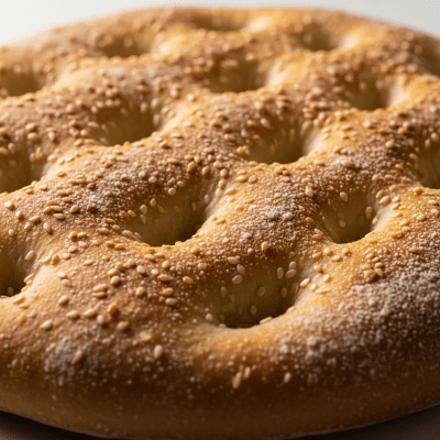 Macro photograph focusing on the crust and surface texture of Focaccia