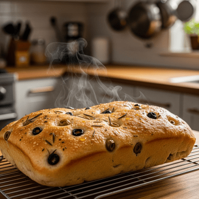 Photograph of freshly baked Focaccia, cooling on a wire rack