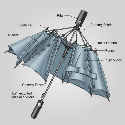 Detailed cross-sectional illustration of a Folding Umbrella, showing the internal structure such as ribs, shaft, and canopy fabric