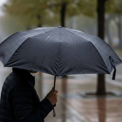 A realistic image of a Folding Umbrella (umbrellas) being used outdoors during a light rain, with droplets visible on the umbrella surface