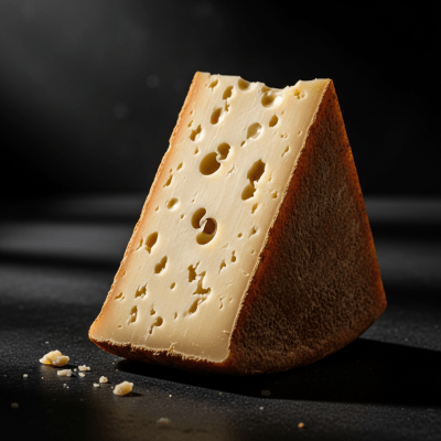 A wedge or whole Fontina from the taxonomy cheeses, styled in an elegant, editorial manner.