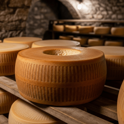 A whole wheel or block of Fontina, shown in an artisanal cellar or aging environment typical for this cheese
