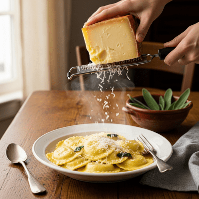 A piece of Fontina being used in a classic culinary preparation or dish where it is commonly featured