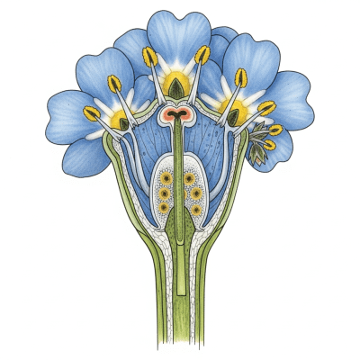 Cross-sectional illustration of a Forget-me-not (flowers), showing internal parts such as stem, petals, and reproductive organs
