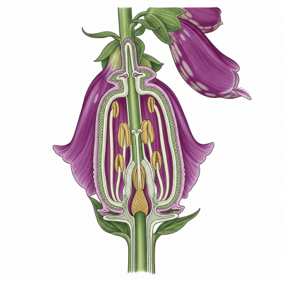 Cross-sectional illustration of a Foxglove (flowers), showing internal parts such as stem, petals, and reproductive organs