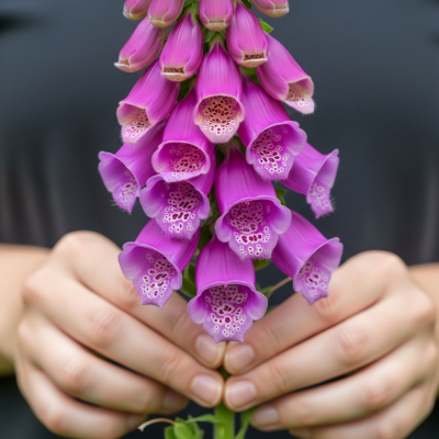 Photograph of a Foxglove (flowers) being held or interacted with by a person in a gentle way
