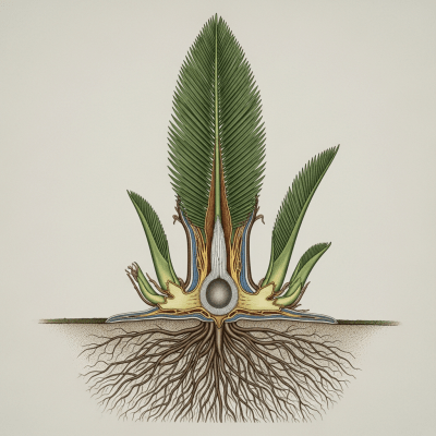 Cross-sectional scientific illustration of a Foxtail Palm