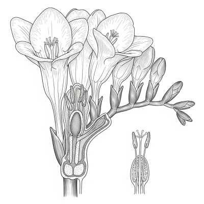 Cross-sectional illustration of a Freesia (flowers), showing internal parts such as stem, petals, and reproductive organs